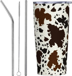 Western Cow Print Tumbler with Lid and Straw, 20 Oz Stainless Steel Insulated Brown Cow Water Bottle Cup Coffee Mug