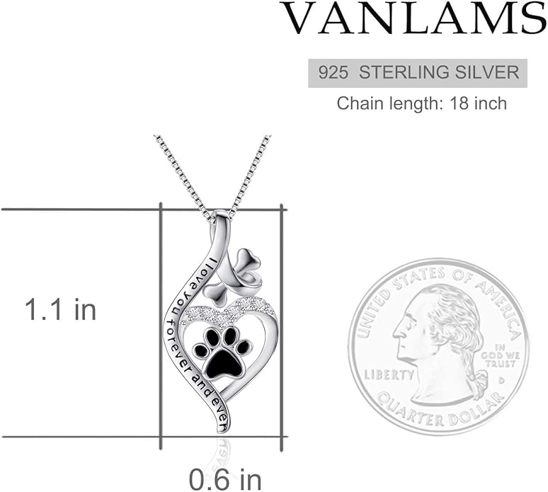 VANLAMS Womens 925 Sterling Silver Bone Love Heart Dog Paw Print Pendant Necklace I Love You Forever and Ever, Gifts for Dog Owner