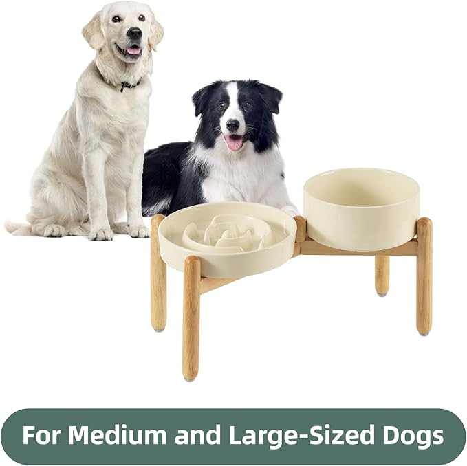 Ceramic Raised Slow Feeder Dog Bowl Set, Elevated 7.3inch Bowl and 8.2inch Puzzle Slow Dish with Wooden Stand for Medium and Large Dog, Anti-Gulping (2X Beige+ Stand)