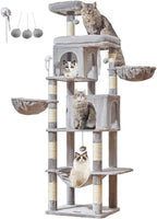 Taoqimiao Cat Tree, 77-Inch Cat Tower for Large Cats Multi-Level Cat Condos for Indoor Cats with 2 Condos, Extra-Lagre Platform, 2 Hanging Baskets, Hammock, 8 Scratching Posts, MS044W Light Gray