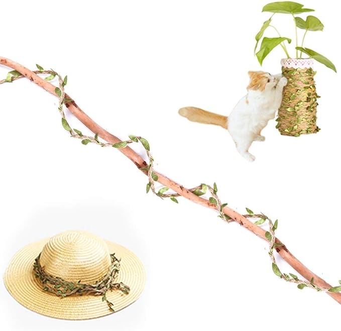 Hemp Rope for Cat Scratch Post Tree Replacement - Cat Scratcher Accessories with Artificial Leaves/Home Vine Ribbon Decoration for Art & Crafts