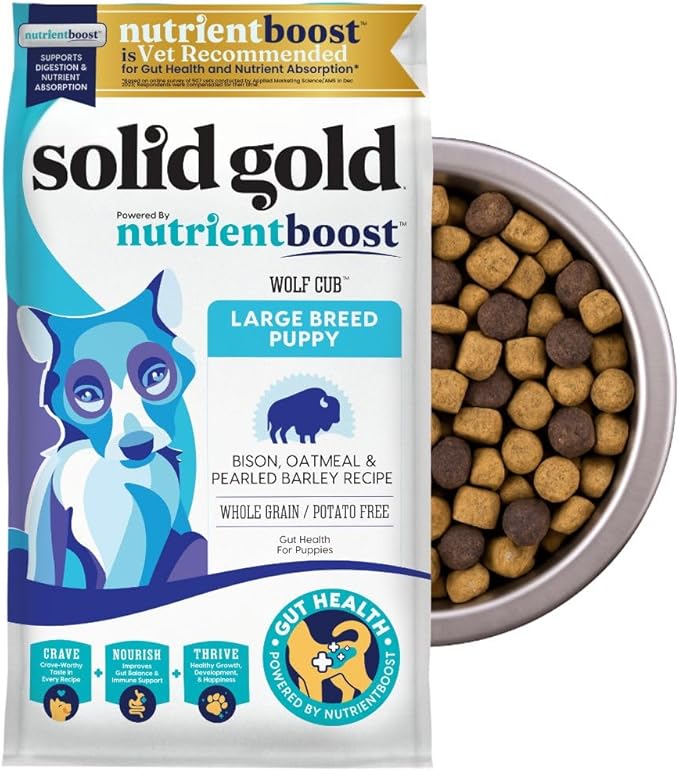 Solid Gold Large Breed Puppy Dog Food Dry Kibble - High Protein Dry Puppy Food for Large Breed Dogs w/Real Bison, Healthy Whole Grain & Probiotics for Gut Health & Digestion - Nutrientboost - 22 LB