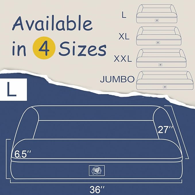 Orthopedic Dog Beds for Large Size Dogs, Waterproof Memory Foam Large Dog Bed with Bolster, Egg-Crate Foam Pet Couch Bed with Removable Washable Cover, Dark Grey