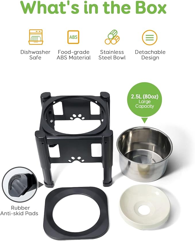 Pawque Elevated Dog Bowls, 80Oz Stainless Steel Water Feeder with 3 Adjustable Heights, Anti-Spill Design for Small to Medium Sized Dogs