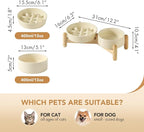 Ceramic Raised Slow Feeder Dog Bowl Set, Elevated 5.1inch Bowl and 6.1inch Slow Pet Food Dish with Wooden Stand for Small Dog and Cat (2 x Beige+ Stand)