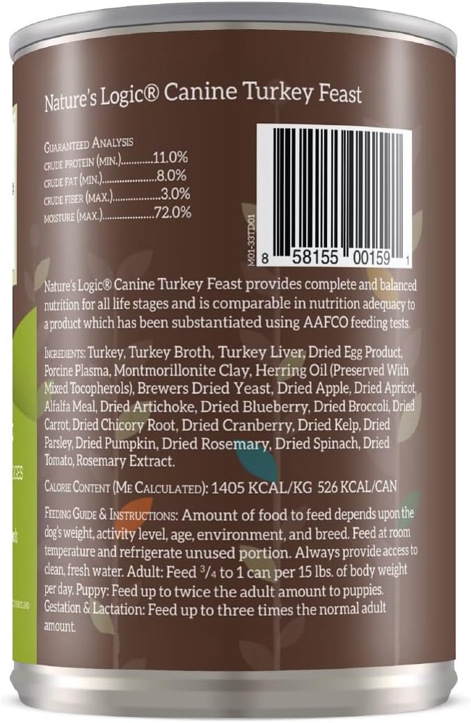 Nature's Logic Grain-Free Canned Dog Food - 95% Animal Proteins - 100% Natural Wet Dog Food Cans - No Common Allergens - All Life Stages - Ideal for Sensitive Dogs - Turkey (13.2 oz, 12 pack)