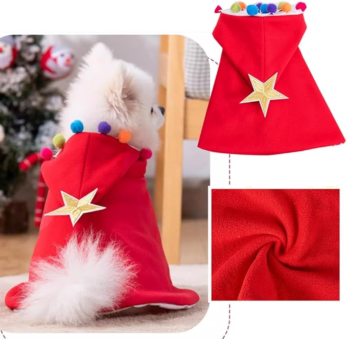 ANIAC Pet Dog Christmas Costume Puppy Xmas Cloak with Star and Pompoms Cat Santa Cape with Santa Hat Red Doggy Outfit Winter Cat Clothes for Kitten and Small to Medium Sized Dog (Small, Red)