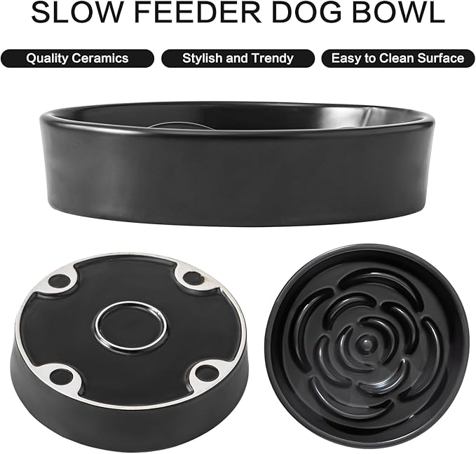 8.25'' Ceramic Slow Feeder Dog Bowls - Petal Shape Modern Dog Food Dish for Medium and Large Breeds, Puzzle Maze Bowl to Slow Down Eating, Anti-Gulping, Dishwasher & Microwave Safe, Black