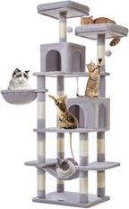 Taoqimiao Cat Tree, 71.7-Inch Cat Tower for Indoor Cats, Plush Multi-Level Cat Condo with 13 Scratching Posts, 2 Perches, 2 Caves, Hammock, 2 Pompoms,Light Gray MS013LW
