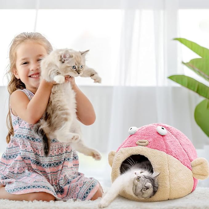 Cat Beds for Indoor Cats - Cat Bed Cave with Removable Washable Cushioned Pillow, Soft Plush Premium Cotton No Deformation Pet Bed, Lively Pufferfish Cat House Design, Pink, Multiple Sizes(M)