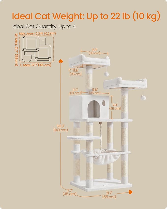 Feandrea Cat Tree, 56.3-Inch Cat Tower for Indoor Cats, Multi-Level Cat Condo with 11 Scratching Posts, 2 Perches, Cave, Hammock, Cream White UPCT015W02