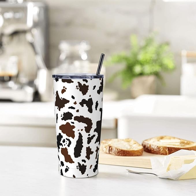 Cow Print Tumbler with Lid and Straw, 20 Oz Cup Stainless Steel Insulated Water Bottle Coffee Mug