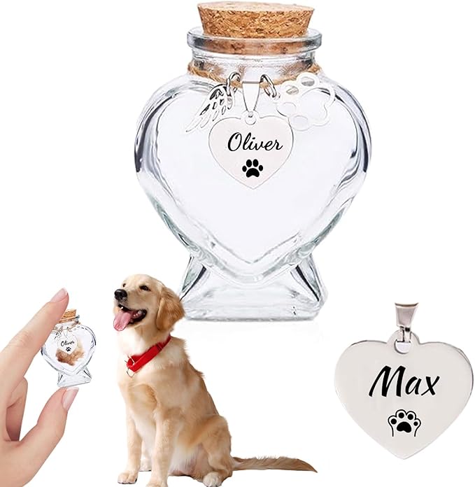 Personalized Pet Fur Keepsake Bottle, Heart Shape Custom Name Engraved Glass Dog Hair Keepsake, Pet Hair Memorial Vials for Dog/Cat Hair & Ashes, Sympathy Gift for Pet