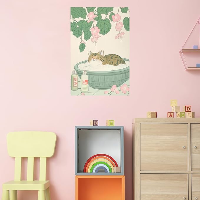 Vintage Tabby Cat in Bathtub Wall Art Funny Japanese Poster Print Relaxation Decor Cute Animal Pet Canvas Neutral Japan Painting for Bathroom Dorm Living Room Home Aesthetic 16x24inch Unframed