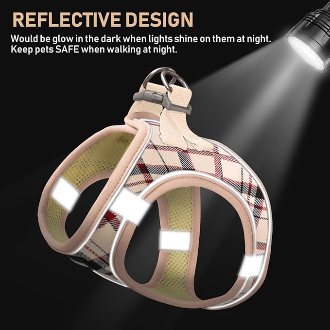 GAMUDA Small Dog Harness Collar and Leash Set, Step in No Chock No Pull Soft Mesh Adjustable Dog Vest Harnesses Plaid Reflective for Dogs Puppy Cats Kitten Rabbit (Beige, L)