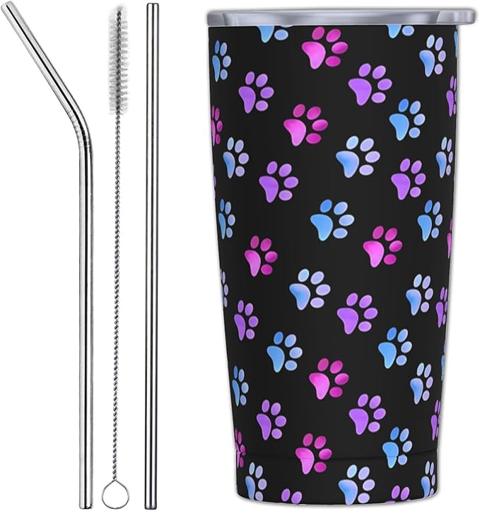 Paw Print Tumbler with Lid and Straw, Dog 20 Oz Stainless Steel Insulated Water Bottle Cup Coffee Mug