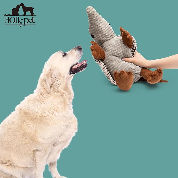 Hollypet Plush Dog Squeaky Toy Stuffed Armadillo Animal Pet Puppy Chew Toys with Clean Teeth for Small Medium Large All Breed Sizes Dogs, Gray, 10 in