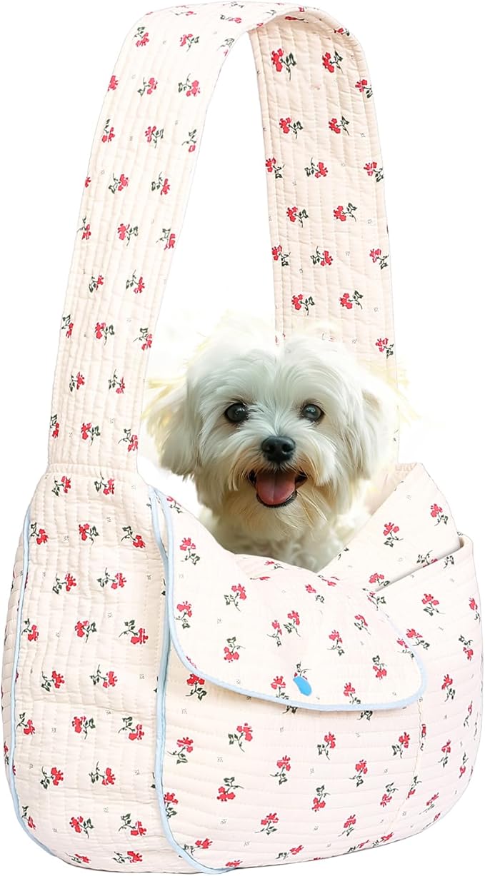 Flower Pet Sling Carrier for Small Dogs and Cats, Breathable Cotton Cats Carrier Purse，Floral Print Puppy Bag 3-10 Lbs, Hand Free Travel Chest Cat Sling， Gifts for Pet Mom Girls（White, Small