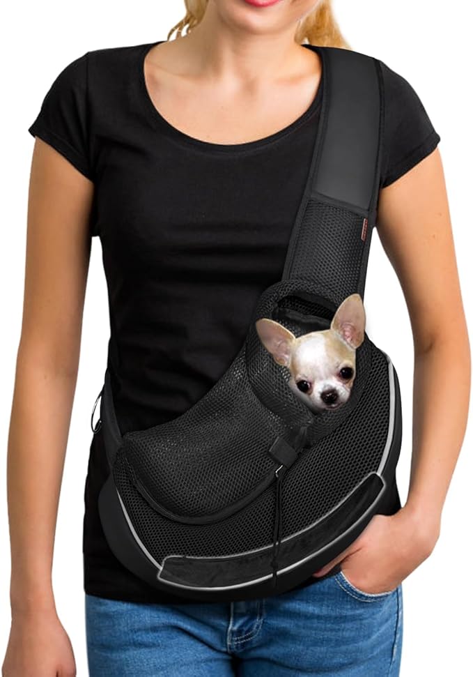 YUDODO Pet Sling Carrier for Small Dogs & Cats – Hands-Free Puppy Carrier with Safety Hook, Large Zipper Pocket, Soft Breathable Mesh, Adjustable Strap & Reflective Strip (Black 3.0 M)
