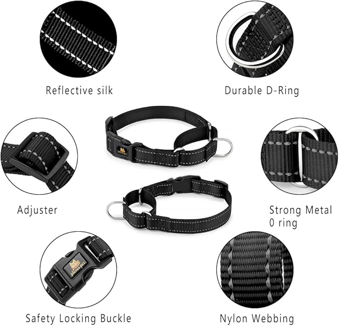 PLUTUS PET Reflective Martingale Collar with Quick Snap Buckle,No Pull Dog Choker Collar for Small Medium Large Dogs,L,Black
