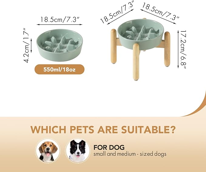 7.3inch Ceramic Dog Raised Slow Feeder Set, Elevated Bowl with Wooden Stand for Medium and Small Dog, Slow Feeder Dish for Fast Easters(Light Green, Single Bowl+ Stand)