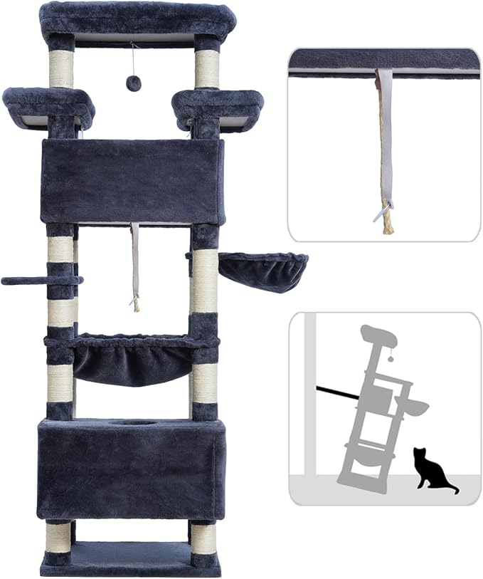 Cat Tree for Indoor Cats Large Adult, 74" Cat Tower with 3 Big Platforms, 2 Baskets, 2 Condos, Multi-Level Cat Scratching Posts, Smoky Gray GCT030G