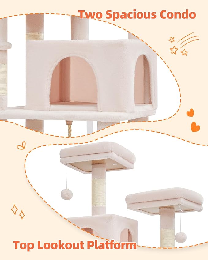Taoqimiao Cat Tree, 66.2-Inch Cat Tower for Indoor Cats, Plush Multi-Level Cat Condo with 12 Scratching Posts, 2 Perches, 2 Caves, Hammock, 2 Pompoms, Jelly Pink MS013P