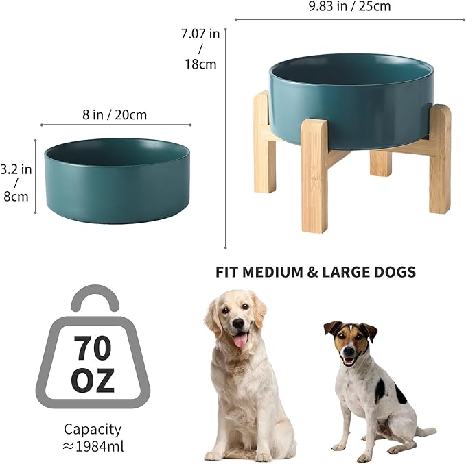8'' Ceramic Raised Dog Bowl - 70Oz Dog Food & Water Bowl with Elevated Non-Slip Bamboo Stand, Dishwasher & Microwave Safe, Anti Vomiting Heavy Duty Pet Bowl for Medium and Large Dogs, Green