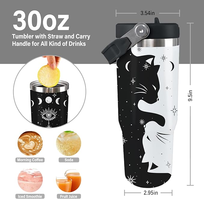 Cat Tumbler with Lid and Straw 30oz Stainless Steel Cute Water Bottle Cup Funny Cat Gifts for Women
