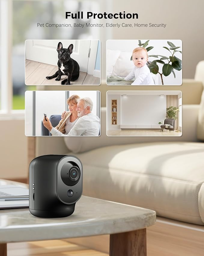COCOCAM 2K Indoor Pan/Tilt Security Camera with 5200mAh Battery, WiFi Camera,Wireless for Baby Monitor/Pet/Home Security, AI Recognition, PIR Human Detection, 2.4G WiFi (Black)