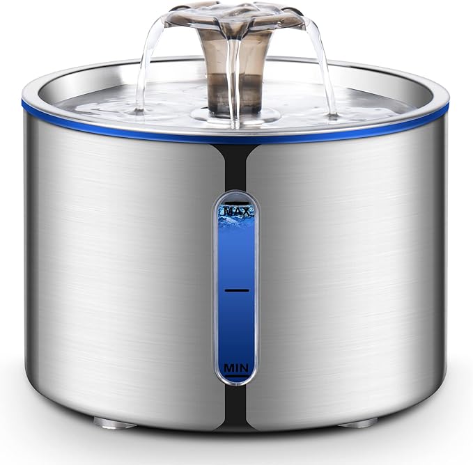 Cat Water Fountain, 84oz/2.5L Stainless Steel Pet Water Fountain, Automatic Dog Water Dispenser with Water Level Window, Ultra-Quiet Pump, Perfect for Cats, Dogs and Multiple Pets