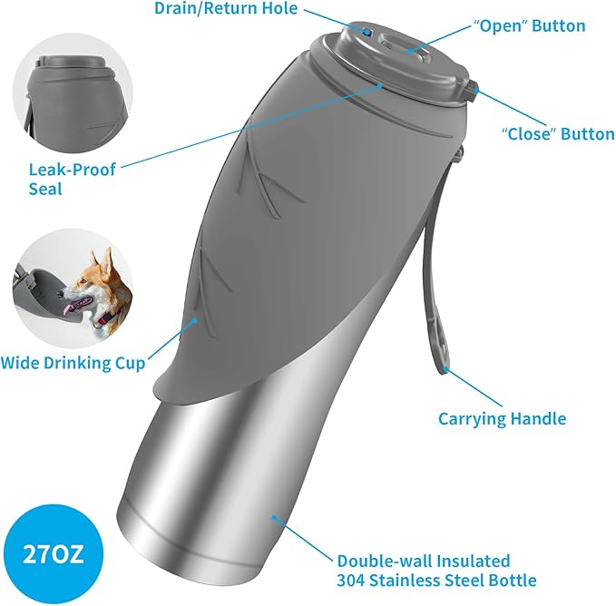 URPOWER 27 Oz Large Dog Water Bottle, Double Wall Insulated Stainless Steel Dog Travel Water Bottle Leak Proof Portable Pet Water Dispenser BPA-Free Drinking Bowl for Dog Outdoor Walking, Hiking