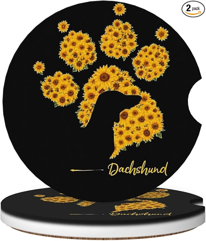 Absorbent Ceramic Car Coasters for Cup Holders, Dachshund Sunflower Dog Paw Design 2.56" Anti Slip Universal Drink Cup Coasters for Women Men (2 Pack)