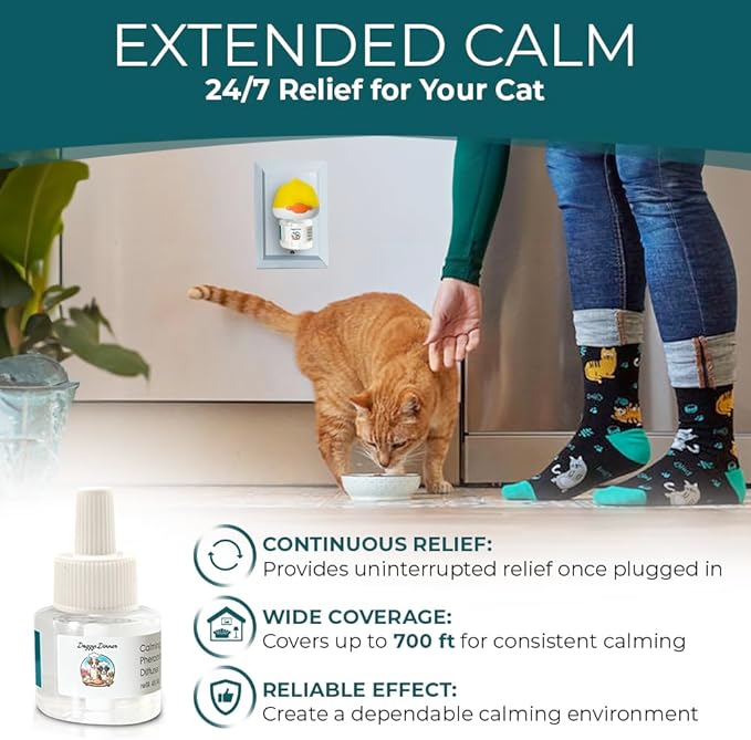 Cat Calming Diffuser for Stress Relief - Natural Cat Deterrent Spray to Reduce Stress, Spraying & Aggressive Behavior - Easy-to-Use Cat Diffuser Calming Solution for a Peaceful Home. 60 Day Supply