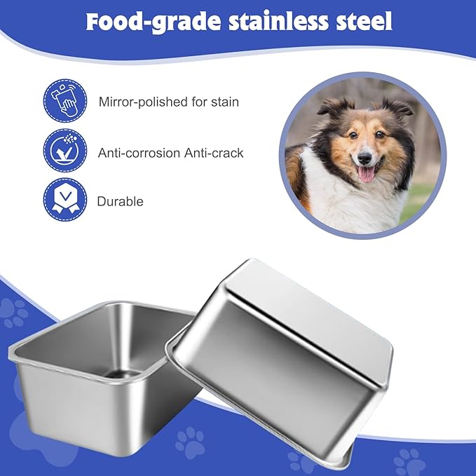 2 Gallons Large Dog Water Bowl, 2PCS Stainless Steel Metal Dog Bowls, Large Capacity Pet Food Bowl Water Dish for Indoor and Outdoor Universal for Medium to Giant Dogs 12.6''×8.7''×5.9''