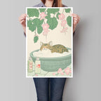 Vintage Tabby Cat in Bathtub Wall Art Funny Japanese Poster Print Relaxation Decor Cute Animal Pet Canvas Neutral Japan Painting for Bathroom Dorm Living Room Home Aesthetic 16x24inch Unframed