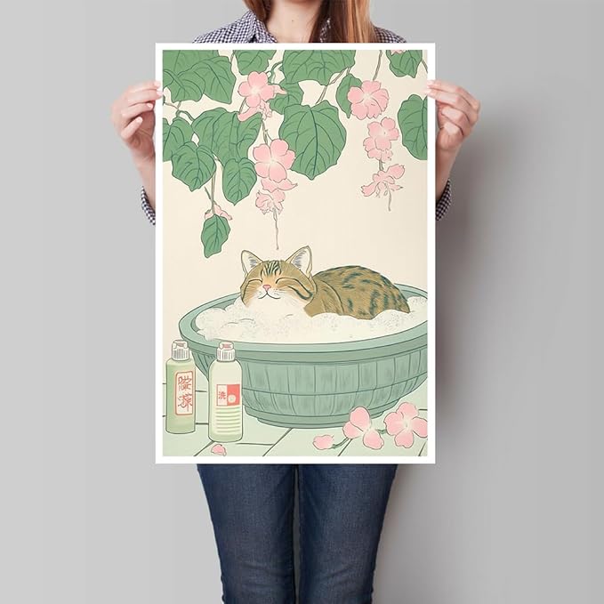 Vintage Tabby Cat in Bathtub Wall Art Funny Japanese Poster Print Relaxation Decor Cute Animal Pet Canvas Neutral Japan Painting for Bathroom Dorm Living Room Home Aesthetic 16x24inch Unframed