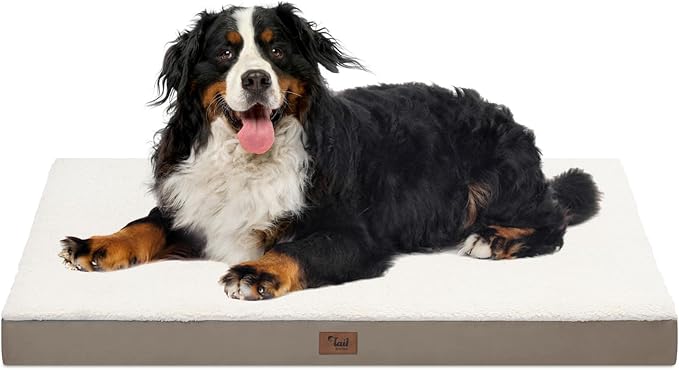 Dog Crate Bed Washable Dog Beds for Large Dogs, Big Waterproof Orthopedic Pet Bed with Egg Crate Foam Pet Mat, Removable Oxford Cooling Cover, Khaki White