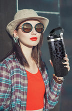 30oz Black Leopard Tumbler with Handle and Straw, Stainless Steel Vacuum Insulated Coffee Tumbler, Travel Mug Water Bottle, Leopard Stuff Accessories Decor, Leopard Gifts for Women