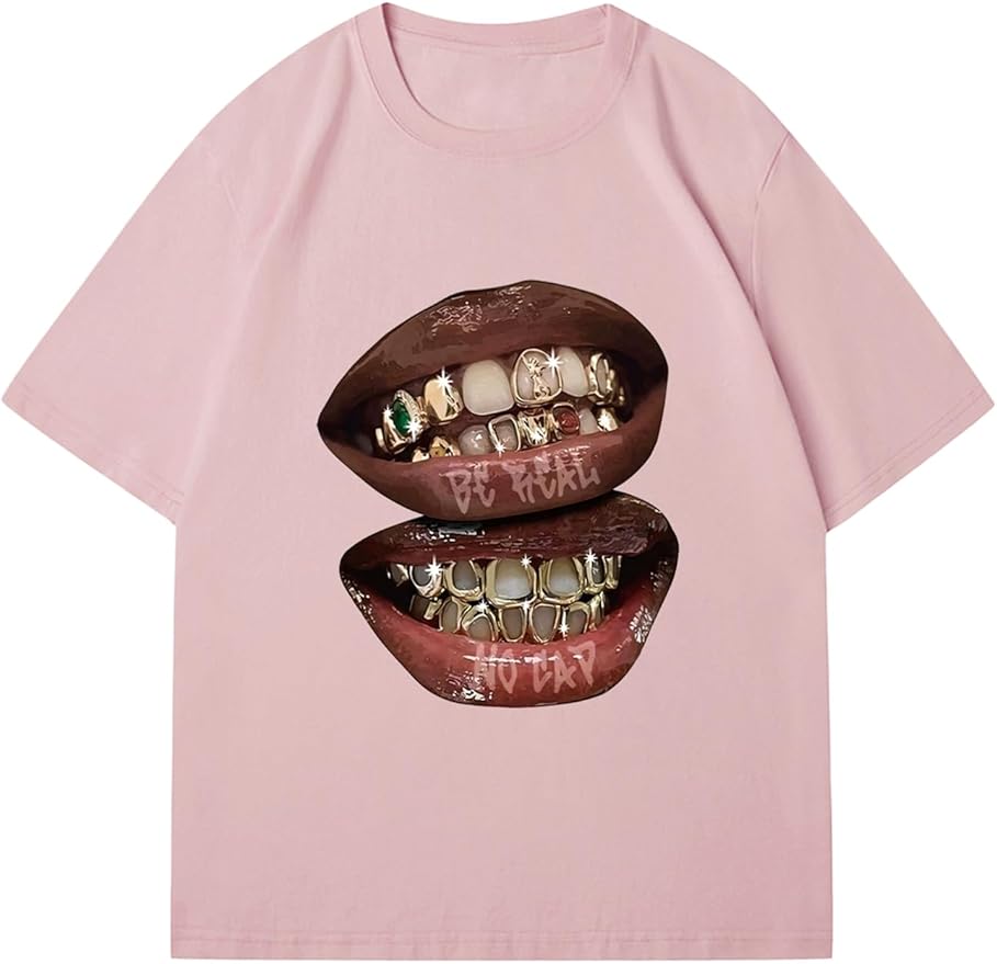 Verdusa Women's Lips Print Graphic Tees Y2k T Shirts Summer Crew Neck Vintage Going Out Tops