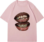 Verdusa Women's Lips Print Graphic Tees Y2k T Shirts Summer Crew Neck Vintage Going Out Tops