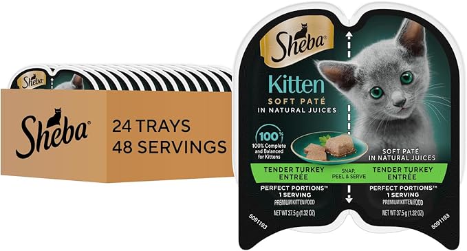 Sheba Perfect Portions Kitten Wet Cat Food Pate Turkey Entree, 2.6 oz. Twin-Pack Trays (24 Count, 48 Servings)