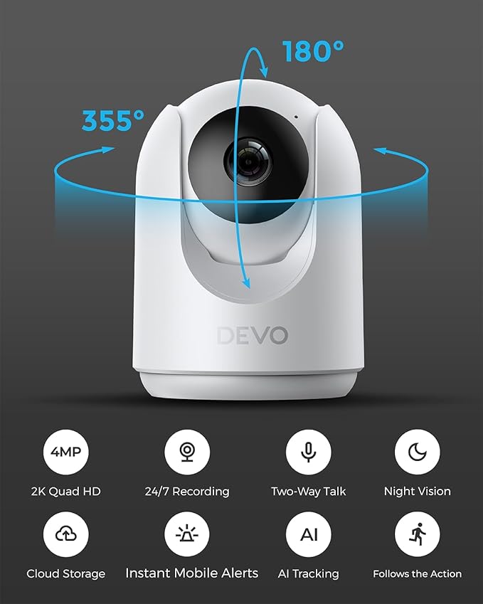 Devo Indoor Smart Cameras for Home Security 2K, 355° Pan-Tilt Human Pet Dog Baby Monitor Camera with Phone App, WiFi Motion Detection, 2-Way Audio, Color Night Vision 256GB SD Card & Cloud White