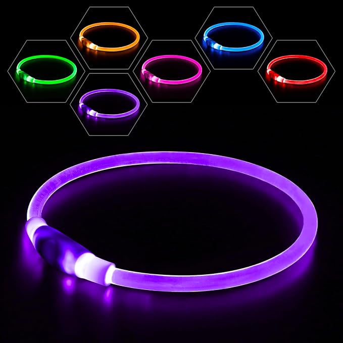 BSEEN Light Up Dog Collar, Rechargeable LED Puppy Collar Waterproof Glowing Pet Collar TPU Cuttable Lighted Dog Collar for Small Medium Large Dogs (Purple (70cm))