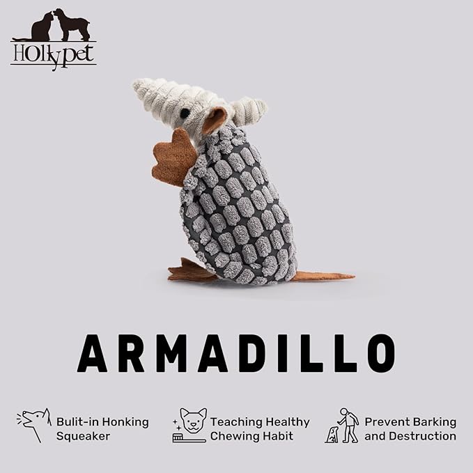 Hollypet Plush Dog Squeaky Toy Stuffed Armadillo Animal Pet Puppy Chew Toys with Clean Teeth for Small Medium Large All Breed Sizes Dogs, Dark Gray, 6 in