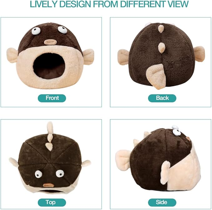 Cat Beds for Indoor Cats - Cat Bed Cave with Removable Washable Cushioned Pillow, Soft Plush Premium Cotton No Deformation Pet Bed, Lively Pufferfish Cat House Design, Brown, Multiple Sizes(S)