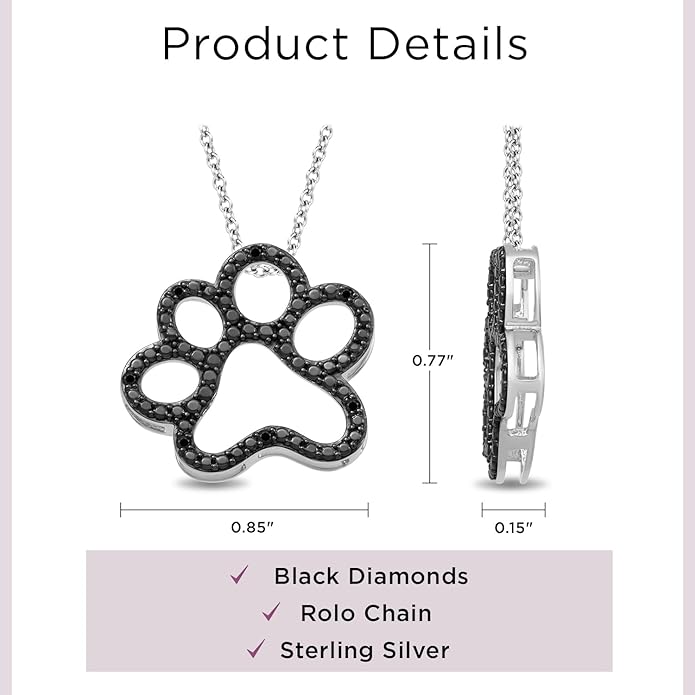 Jewelili Sterling Silver or Yellow Gold Plated Sterling Silver Dog Paw Pendant Necklace for Women | Treated Black or Natural White Round Diamonds | 18" Rolo Chain | Luxury Jewelry Gift for Her | Gift Box Included