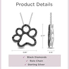 Jewelili Sterling Silver or Yellow Gold Plated Sterling Silver Dog Paw Pendant Necklace for Women | Treated Black or Natural White Round Diamonds | 18" Rolo Chain | Luxury Jewelry Gift for Her | Gift Box Included