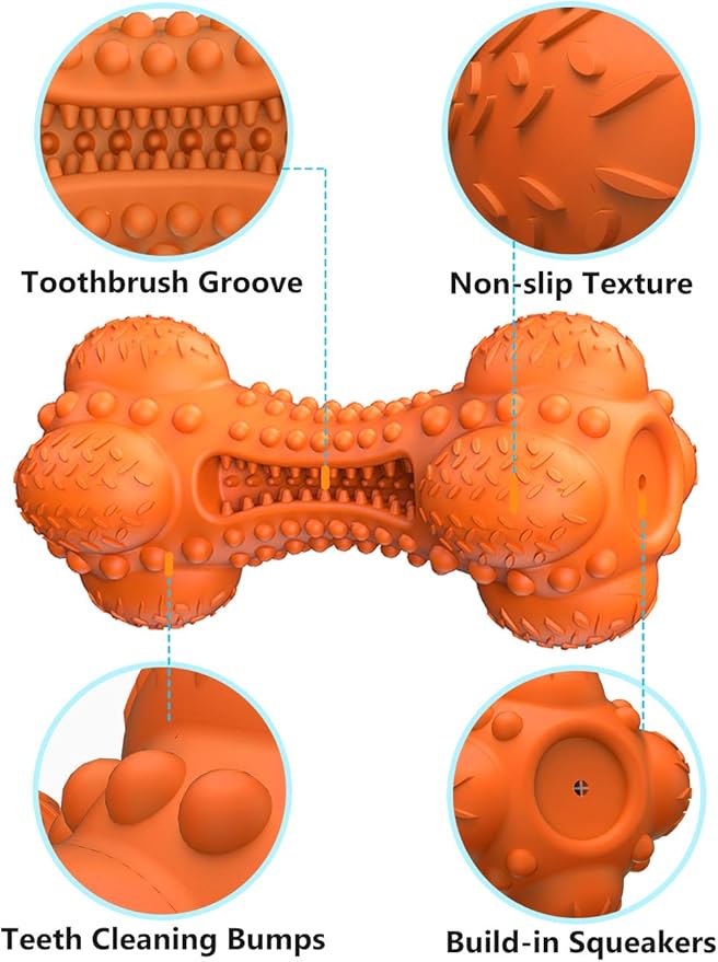 SCHITEC Two Squeaky Dog Chew Toy for Aggressive Chewers Large Breed, Tough Indestructible Rubber Bone with Toothbrush for Big Medium Dogs Teeth Cleaning, Blue and Orange