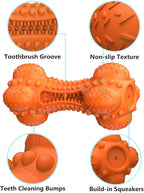 SCHITEC Two Squeaky Dog Chew Toy for Aggressive Chewers Large Breed, Tough Indestructible Rubber Bone with Toothbrush for Big Medium Dogs Teeth Cleaning, Blue and Orange